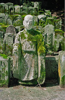 Algae and mosses on statue in cemetery, Kanazawa, Japan