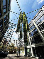 Colonnes Symbiose in the open atrium of Mutualité Française, designed by Frank Michigan and Patrick Blanc, edged by the concrete meshwork designed by Rudy Ricciotti, Paris