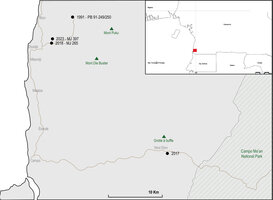 Distribution map of Cercestis blancii with the type locality of the Radeau des Cimes expedition, 1991, the 2017, 2018 and 2023 sites, all sites outside the protected Campo Ma'an National Park, Cameroon 