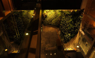 Hotel Icon Vertical Garden, top nignt view of the lobby and its mirror reflection, Hong Kong