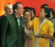 HRH Princess Maha Chakri Sirindhorn questioning Patrick Blanc about his Vertical Garden at Siam Paragon, the architect Henri Boiffils just behind Patrick, Bangkok, Dec. 2005