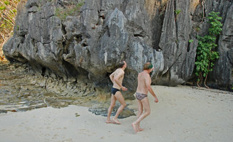 Mark Hughes and Patrick Blanc reaching the limestone sea cliff habitat of Begonia elnidoensis, El Nido, Palawan, Philippines, May 2011