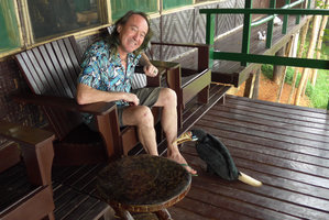 Miss Joanl, Aceros plicatus, saved from a tree fall, titillating Patrick Blanc&#039;s ankle, Karawari, Sepik, Papua New Guinea, March 2016