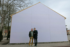 Mr Meng and Patrick Blanc in front of the mock up wall for the first vertical garden at West Sea Art Bay, Qingdao, China, April 2017