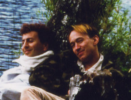 Pascal Heni and Patrick Blanc sitting at the base of a huge Araucaria araucana, Huerquehue, Chili, Dec 1993