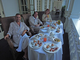 Pascal héni, Patrick Blanc and Noémie Vialard taking their breakfast at the Raffles Hotel, Singapore, March 2014