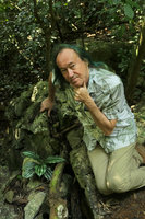 Patrick Blanc above Calanthe argenteostriata growing on limestone rocks, Ba Be NP, Vietnam, Nov. 2017