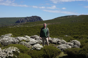 Patrick Blanc among Helichrysum citrispinum and dwarfed Erica arborea cushions, Sanetti Plateau, Bale NP, Ethiopia, Jan. 2019