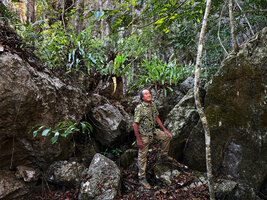 Patrick Blanc among karst boulders covered on the top with Asplenium vittaeforme, south western base of Mt Mundo Perdido, Timor-Leste, Aug. 2026