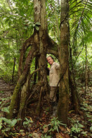 Patrick Blanc among Xylopia stilt roots in varzea forest, Iquitos, Peru, Aug 2014