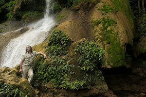 Patrick Blanc and Adiantum capillus-veneris covering travertine in a waterfall, El Nicho, Cienfuegos, Cuba, Feb.2017