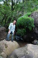 Patrick Blanc and a huge saxicolous and rheophytic flowering vegetative clump of Xerophyta (syn. Talbotia) elegans, Monks Cowl, Drakensberg, South Africa, Jan. 2009