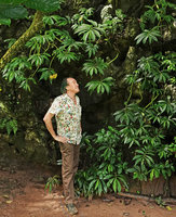 Patrick Blanc and an Elatostema hanging from a shaded seeping limestone cliff, Londa, Tana Toraja, South Sulawesi, June 2019