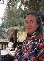 Patrick Blanc and an elephant ready to drink a cocktail, Royal Livingstone hotel, Vistoria Falls, Zambia, Sept. 2017
