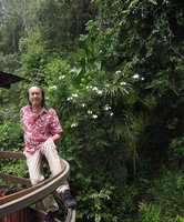 Patrick Blanc and an erect shrubby Mussaenda, probably Mussaenda mollissima, Wild Elephant Valley, Xishuangbanna, China, June 2016