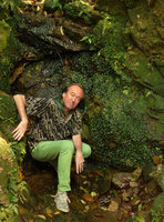 Patrick Blanc and a vertical seeping wall covered with Conocephalum conicum, the Peak, Hong Kong, April 2016