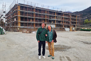 Patrick Blanc and Bob Morard from Memento in front of the new Oiken station in construction, Sion, March 2026