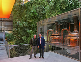 Patrick Blanc and Damien Renchon in front of the vertical garden, nine years after plant installation, Fabrica Moritz, Barcelona, Nov. 2017