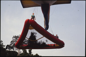 Patrick Blanc and Daniel Barthélémy on the Luge des Cimes just after collecting botanical samples in the forest canopy, Radeau des Cimes (Canopy Raft) Expedition, Ebodjé, Campo, Cameroon, Nov. 1991