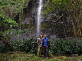 Patrick Blanc and Daniel Heni in front of the beautiful but somewhat invasive Brillantaisia owariensis, Anse aux Cascades, La Reunion, Oct. 2015