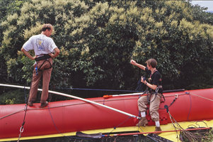 Patrick Blanc and Danielle Clair-Maczulajtys on the Radeau des Cimes, canopy raft while measuring photosynthetic activity of Dialium pachyphyllum in full bloom, Campo, Cameroun, 1991