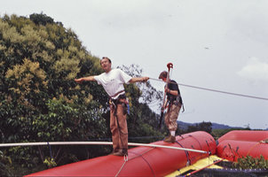 Patrick Blanc and Danielle Clair-Maczulajtys on the Radeau des Cimes, canopy raft, 20 years after she teached him botany at La Sorbonne in 1971, Campo, Cameroun, 1991