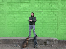 Patrick Blanc and dogs at early morning, 2000 m asl, Acul, Nebaj, Quiche, Guatemala, Dec. 2019