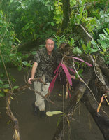 Patrick Blanc and Epiphyllum baueri epiphytic on fallen tree along the beach,Terco, Nuqui, Choco, Colombia, Nov. 2016