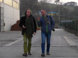 Patrick Blanc and Flavio Pollano discussing about new projects at dusk, Asti, Italy, Nov 2015