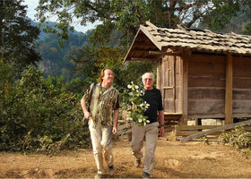 Patrick Blanc and Francis Hallé holding a Mussaenda sample during the preparation of the last Canopy Raft expedition in  Laos, January 2012, photo Dany Cleyet Marrel