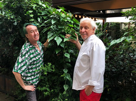 Patrick Blanc and Gerard Idoux among the beautiful heart shaped leaves of Stephania japonica, Le Recamier, Paris, July 2019