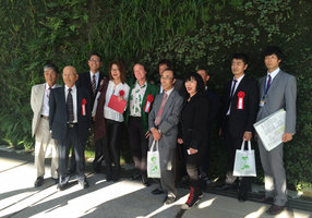 Patrick Blanc and his friends at the inauguration of the walkway Vertical Garden,  Shinkansen Yamaguchi station, Japan, Oct. 2015