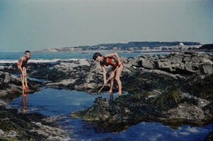 Patrick Blanc and his mother fishing shrimps, Sables d'Olonne, Aug. 1962