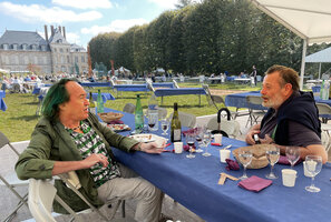 Patrick Blanc and Louis Benech during a lunch discussion at the plants festival, Saint-Jean de Beauregard, France, Sept. 2021