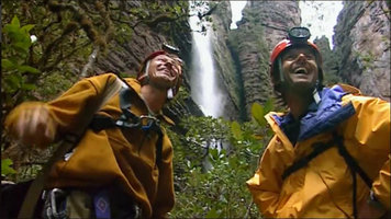Patrick Blanc and Nicolas Hulot at the bottom of the deep chasm, Kukenan Tepui, Venezuela, March 1999