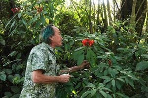 Patrick Blanc and Pachystachys coccinea, Acul, Nebaj, Quiche, Guatemala, Dec. 2019
