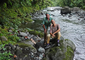 Patrick Blanc and Pascal Heni along a fast flowing river with banks covered by the rheophytic Elatostema kietanum, Imbu Rano, Kolombangara, Solomon Islands, Sept. 2019
