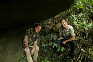 Patrick Blanc and Pascal Heni around the refringent silver spotted leaves of Begonia mariachristinae, overshaded by a big boulder, Putao, Kachin, Myanmar, Dec. 2017