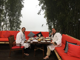 Patrick Blanc and Pascal Heni at breakfast, Malikha lodge, Putao, Myanmar, Dec. 2017