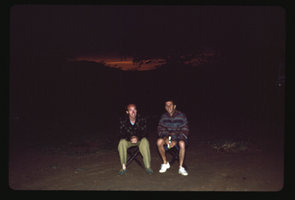 Patrick Blanc and Pascal Heni at night in Serengeti, Tanzania, 1996 