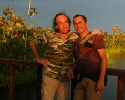 Patrick Blanc and Pascal Heni at sunset in front of the laguna Pilchi Cocha, Orellana, Ecuador, Ecuador, Aug. 2021
