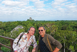 Patrick Blanc and Pascal Heni at the top of the observatory overhanging the ruins, the branches of emergent trees covered by Tillandsia usneoides and T.  juncea, Tikal, Peten, Guatemala, Jan. 2020