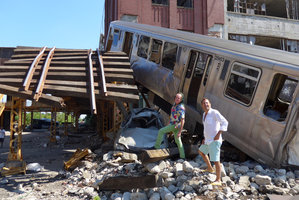 Patrick Blanc and Pascal Heni in an old abandoned car factory among movie decors, Detroit, July 2016
