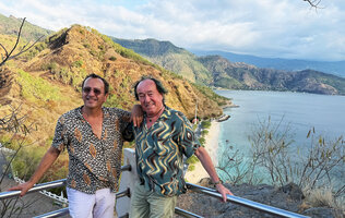 Patrick Blanc and Pascal Héni in front of the dry hills mostly covered by the native Eucalyptus alba, Dili, Timor-Leste, Aug. 2026