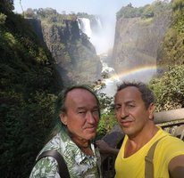Patrick Blanc and Pascal Heni in front of the Victoria Falls, Zimbabwe, Sept. 2017
