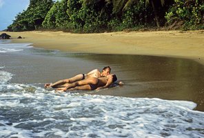 Patrick Blanc and Pascal Heni on a beach, Kribi, Cameroun, 1991, a tribute to Deborah Kerr and Burt Lancaster