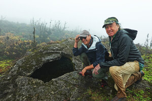 Patrick Blanc and Pascal Héni on a cracked lava bubble dome, El Puntudo, Santa Cruz, Galapagos, Aug. 2021