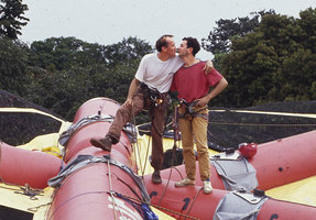 Patrick Blanc and Pascal Heni on the Radeau des Cimes, Canopy Raft, Campo, Cameroun, Sept. 1991