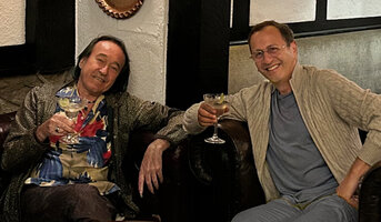 Patrick Blanc and Pascal Héni relaxing after a forest trip at Ye Olde Smokehouse, Cameron Highlands, Malaysia, April 2023