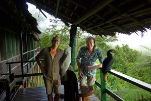 Patrick Blanc and Pascal Heni with their two feathered friends, Karawari, Sepik, Papua New Guinea, March 2016